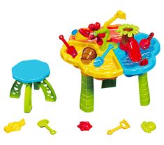 a toy table and stool with toys on it