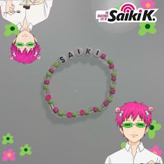 two anime characters with pink hair and green eyes are shown in front of the word saiki