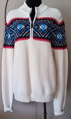 Vintage Izod zip front pullover sweater. Size M. In great condition!  Vibrant colors to impress on the slopes! Izod unisex Nordic 1/4 Zip Knit Wool Sweater Antique White Size medium. In great condition! Half-zip Winter Outdoor Sweater, Winter Half-zip Outdoor Sweater, Winter Outdoor Half-zip Sweater, Long Sleeve Sweater With Fair Isle Pattern For Outdoor, White Long Sleeve Sweater For Outdoor, White Winter Sweater For Outdoor Wear, White Winter Outdoor Sweater, White Nordic Style Long Sleeve Outerwear, Mens Pullover