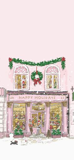 a drawing of a happy holidays store front with wreaths on the door and windows