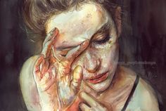 a painting of a woman holding her hands to her face