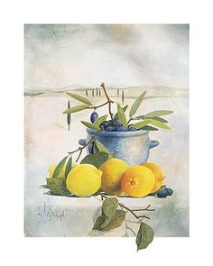 a painting of lemons, blueberries and olives in a pot on a table