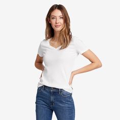 Women's Favorite Short-sleeve V-neck T-shirt | Eddie Bauer Just Chilling, Eddie Bauer Women, On The Run, You Rock, The Run, Solid Tops, Eddie Bauer, White T, Pullover Styling