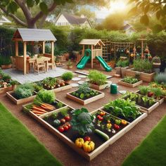 an outdoor vegetable garden with lots of vegetables in the center and children's play area