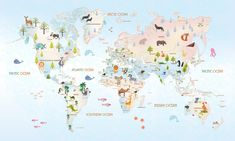 an illustrated world map with animals and trees