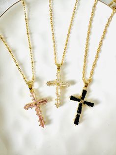 18k Gold Plated  Stainless Steel Chain and Gold Filled 1 inch Extender Nickel and Lead Free Waterproof Keep Away From Chemical Cross Gift, Pink Cross, Crystal Cross, Religious Cross, Cross Jewelry, Butterfly Necklace, Black Crystals, Pink Crystal, Steel Chain