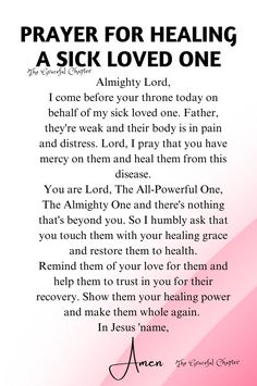 a prayer card with the words prayer for healing a sick loved one