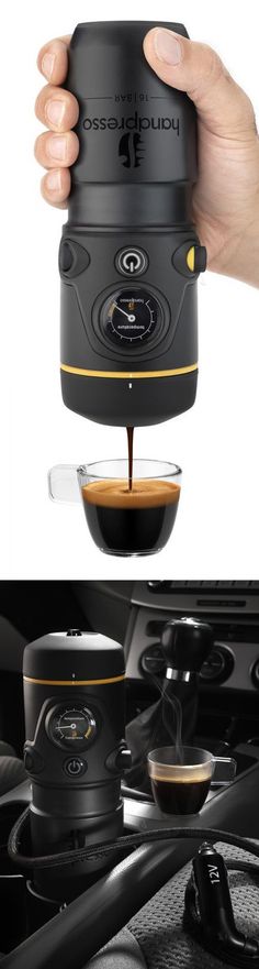 the coffee maker is being used to make espresso in a car's dashboard