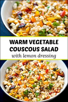 two bowls filled with different types of vegetables and the words, warm vegetable couscous salad