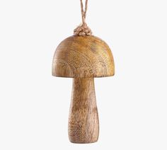 a wooden mushroom ornament hanging from a rope