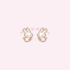 two pixelated rabbits are facing each other on a pink background with hearts in the middle