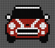 A pixel art template of the front of a red striped car manufactured by the brand Mini. Perler Beads Car, Bmw Pixel Art, Car Perler Bead Pattern, Pixel Art Cars Logo, Car Pixel Art, Car Cross Stitch Pattern, Racing Car Cross Stitch Patterns, Pixel Car, Crochet C2c Pattern