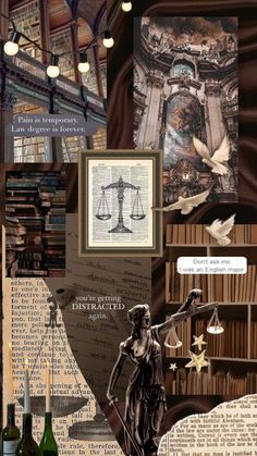 a collage of images with books, pictures and an image of a lady justice figure