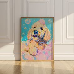 a painting of a dog with bubbles in the air on a wall next to a wooden floor