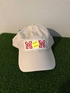 Softball Mom cap by PKDesignsLLC on Etsy Gray Baseball Cap With Logo Patch, Cotton Hats With Embroidered Patch For Outdoor, Outdoor Cotton Hat With Embroidered Patch, Baseball Cap With Embroidered Patch, Sports Cap With Embroidered Patch, Cotton Snapback Hat With Embroidered Patch, Casual Baseball Cap With Embroidered Patch, Outdoor Patches Baseball Cap, Casual Fitted Hat With Embroidered Patch And Curved Brim