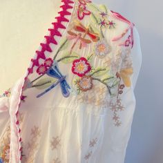 Beautifully Embroidered Sheer Johnny Was Tunic, Sz M. Nwt Multicolor Embroidered Top With Embroidered Hem For Spring, White Embroidered Top With Floral Embroidery For Spring, White Floral Embroidered Top For Spring, White Embroidered Top With Floral Design For Spring, Spring Multicolor Embroidered Top With Hem Detail, Spring Embroidered Top With Geometric Multicolor Embroidery, Spring Embroidered Floral Top For Beach, Fitted Embroidered Top With Multicolor Embroidery For Spring, Fitted Multicolor Embroidered Top For Spring