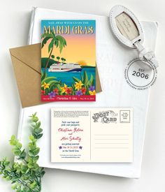 a postcard and envelope with an image of a cruise ship in the ocean on it