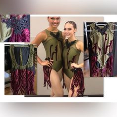 two beautiful women standing next to each other in leotards and dresses with letters on them