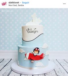 a blue and white cake with a red plane on the top that says vulcanosh