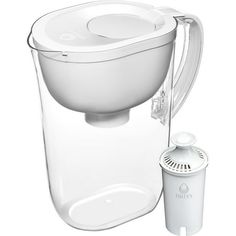 a water pitcher next to a filterr on a white background with the lid open