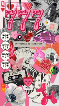 a collage of pink and black images with hearts, flowers, and other things