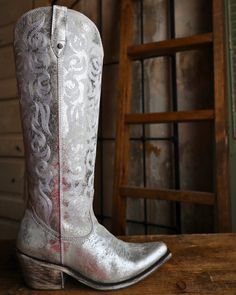 LIBERTY BLACK WOMEN'S ALLIE BLANCO SILVER BOOT Fort Worth Stockyards, Silver Boots, Embroidered Details, Western Outfits, Pull Tab, Western Wear, Heel Height, Genuine Leather, Zipper