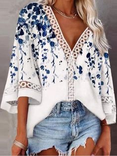 White Casual Graphic Tops V-neck Long Sleeve Flower Printed Blouse Butterfly Sleeve Blouse, Lace Bell Sleeve Top, Flower Print Blouse, Half Sleeve Blouse, Blouse Sale, Creative Stuff, Life Is Too Short, Graphic Tops, Take It Easy