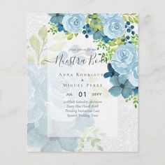 blue roses and greenery are on the front of this wedding card