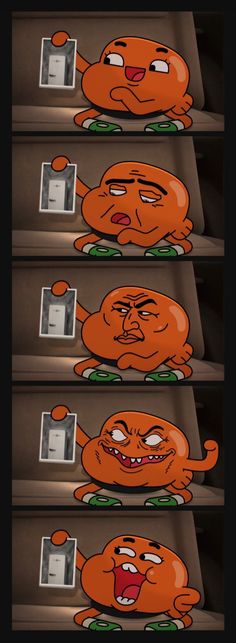 an orange cartoon character with four different facial expressions