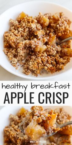 two plates filled with apple crisp on top of each other and the words healthy breakfast at the bottom