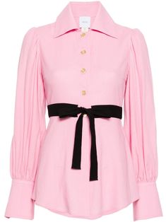 pink/black crepe texture dart detailing gathered detailing at the sleeves contrasting trim gold-tone buttons spread collar long sleeves with buttoned cuffs adjustable waist strap short front button fastening curved hem unlined Pink Business Dress, Pink And White Dress, Professional Wear, Contrasting Trim, Stylish Clothes For Women, Waist Strap, Women Blouses, White Shirt Dress