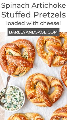 homemade spinach artichoke stuffed pretzels are loaded with cheese and sprinkled with parsley