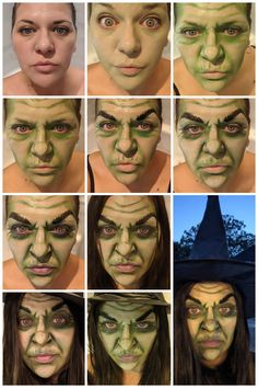 Witches Face Paint, Easy Witch Face Paint, Halloween Witch Face Paint, Good Witch Makeup, Witch Facepainting, Witch Face Painting, Green Face Witch Makeup, Scary Witch Face Paint, Green Witch Face Paint