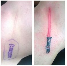 two pictures show the same tattoo on each side of their neck, and one has a light saber in it