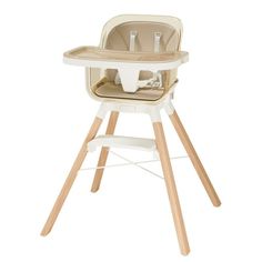 a baby high chair with wooden legs and an infant seat in the middle, on a white background