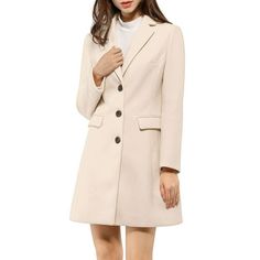 Be ultra-sophisticated and cozy in this warm coat, cut with a notched lapel and versatile pockets for a feminine chic longline silhouette. With a plush hand and delicate hue, this single-breasted coat looks and feels incredibly soft. A single-breasted placket streamlines the silhouette of a classic stylish overcoat, finished here with notch lapels and flap pockets. Dress up the trench coat with any tops, long pants, skirts, dress and a high heels for elegant chic look. Occasion: Coffee Shop, Sho Cream Winter Coat, Winter Coat For Women, Winter Pea Coat, Winter Overcoat, Lapel Coat, Wool Winter Coat, Winter Outwear, Winter Trench Coat, Beige Coat