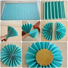 how to make paper fans out of blue and gold colored paper - step by step instructions