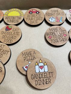 wooden magnets with words on them that say, make a pizza and candlelight dinner