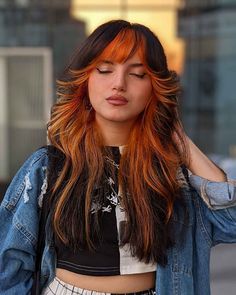 30 Ultimate Ways to Get Long Bangs for Long Hair Red Money Piece Hair With Bangs, Gorgeous Hair With Bangs, Dark Long Hair Styles, Dark Bangs Light Hair, Black Purple And Orange Hair, Bangs With Under Color, Long Colored Hair With Bangs, Dark Hair Light Bangs, Black Hair Orange Bangs