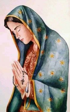 a painting of a woman praying with her hands folded over her chest and wearing a blue shawl