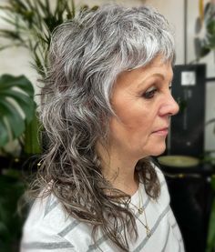 Long Gray Shag with Short Angled Bits Long Shag For Thinning Hair, Curly Shag Side Part, Shag Gray Hairstyles, Grey Mullet Hair, Edgy Shaggy Hair, Gray Shag Haircut, Gray Hair Shag Haircut, Grey Shag Haircut, Grey Shag Hairstyles