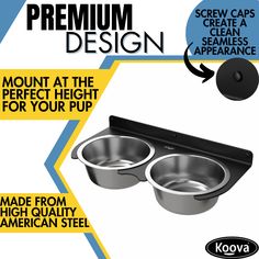 an advertisement with two bowls and the words premium design above it, below which reads'mount at the perfect height for your pup