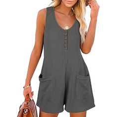 Season:Summer; Fabric:Polyester; Sleeve Length:Sleeveless; Look After Me:Machine wash,Hand wash; Gender:Women's; Style:Casual,Streetwear; Elasticity:Micro-elastic; Occasion:Street,Daily,Going out,Weekend; Fit Type:Regular Fit; Pattern:Solid Color; Design:Buttons,Pocket; Neckline:V Neck; Special Size:Normal; Jumpsuit Type:Jumpsuit,Romper,Overall; Front page:FF; Listing Date:03/29/2024; Production mode:External procurement; Bust:; Length: Bodysuit And Shorts, Seamless Clothing, Loose Overalls, Pocket Jumpsuit, Jumpsuit Casual, Pockets Fashion, Casual Rompers, Casual Jumpsuit, Sleeveless Rompers