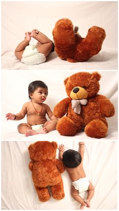 two pictures of a baby and a teddy bear on the same side, one is laying down while the other is standing up