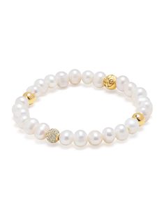 Cultured 6mm White Pearl, Clear CZ Diamond, and Hollow Gold Beads We use cultured pearls from oysters and freshwater mussels that we select by hand for all our jewelry Logo Ball in Stainless Steel with Gold Plating 7mm Nialaya Logo Bead in Stainless Steel with Gold Plating Product Code: WCHCO_146 This bracelet is strung on an elastic strand that easily slips on your wrist. The elastic strand is stretchy and will stretch like a rubber band when slipped on and off. Our durable elastic cord is cove Beaded Pearl Bracelet For Anniversary, Beaded Pearl White Round Bracelet, Pearl White Beaded Round Pearl Bracelet, Pearl Jewelry With Oyster Bracelet And Round Beads, Pearl Oyster Bracelet With Round Beads, Elegant Pearl Beaded Rondelle Bracelets, Pearl White Beaded Bracelet With Pearl Charm, Rondelle Pearl Bracelet As Gift, Rondelle Pearl Bracelet Gift