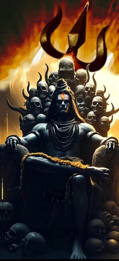 an image of the god sitting in front of many skulls with horns on his head