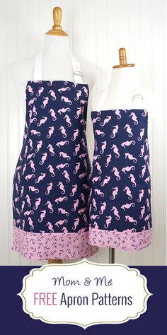 two aprons with pink horses on them and the words mom and me free apron patterns