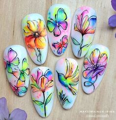 Advance Nail Art, Watercolor Nail Designs, Nail Art Fleur, Nails Flower, Animal Nail Art, Fantasy Nails