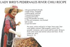 an advertisement for lady bird's pepernales river chili recipe, featuring a woman holding a tray of food