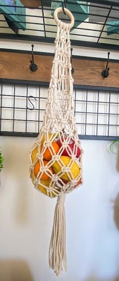 there is a macrame hanging from the ceiling with fruit in it and two potted plants next to it